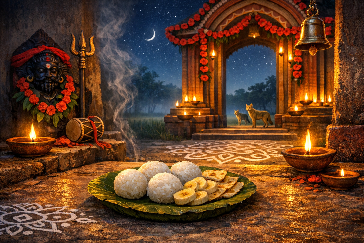 Leaf plate offering of rice balls, banana slices, and flatbread before flickering diyas and incense at a garlanded temple shrine; crescent moon over the gate, rangoli on the floor, and two dogs.