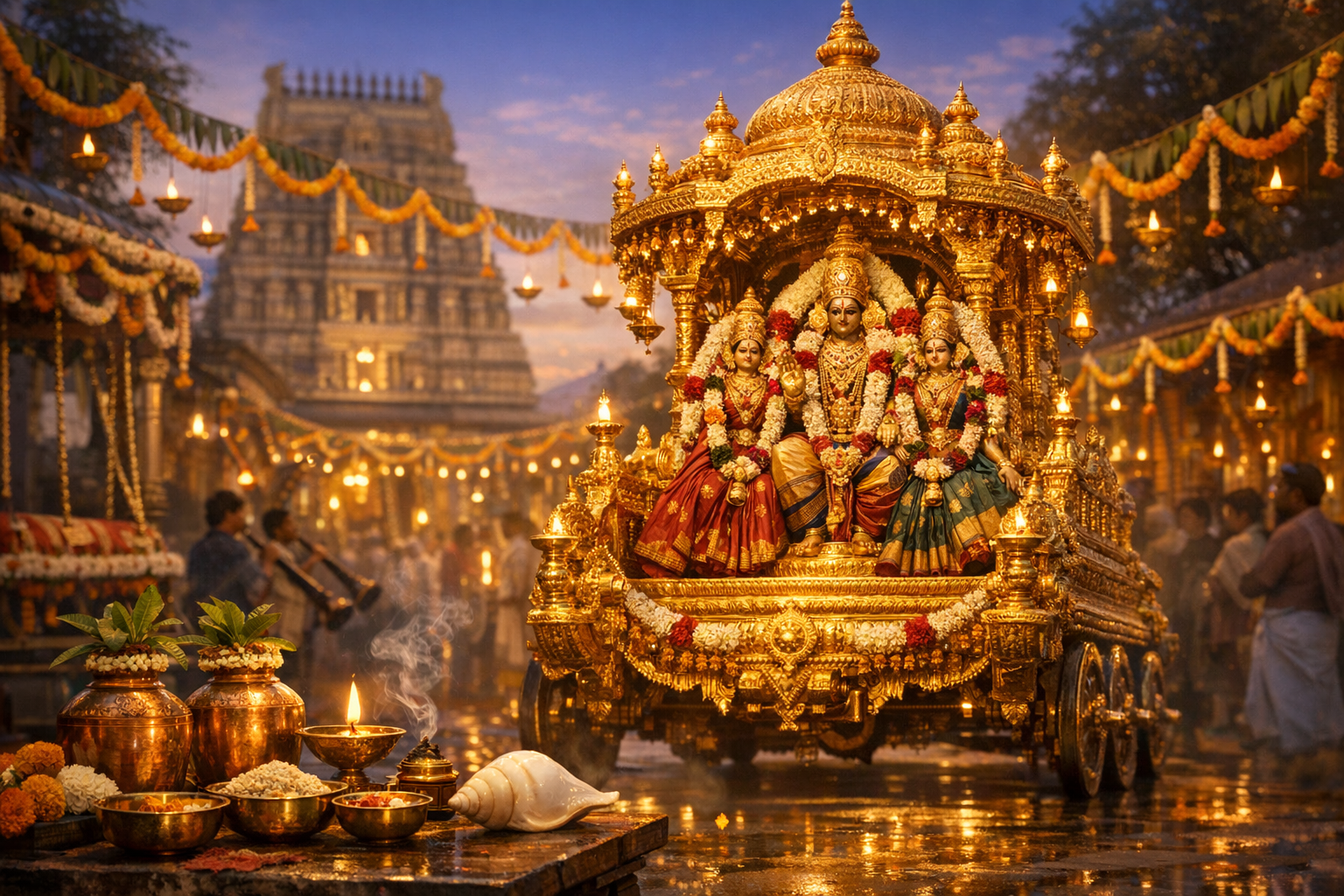 Golden temple chariot carrying garlanded Hindu deities during a South Indian festival procession, with marigold festoons, glowing oil lamps, copper puja vessels, incense smoke, and a gopuram at dusk.