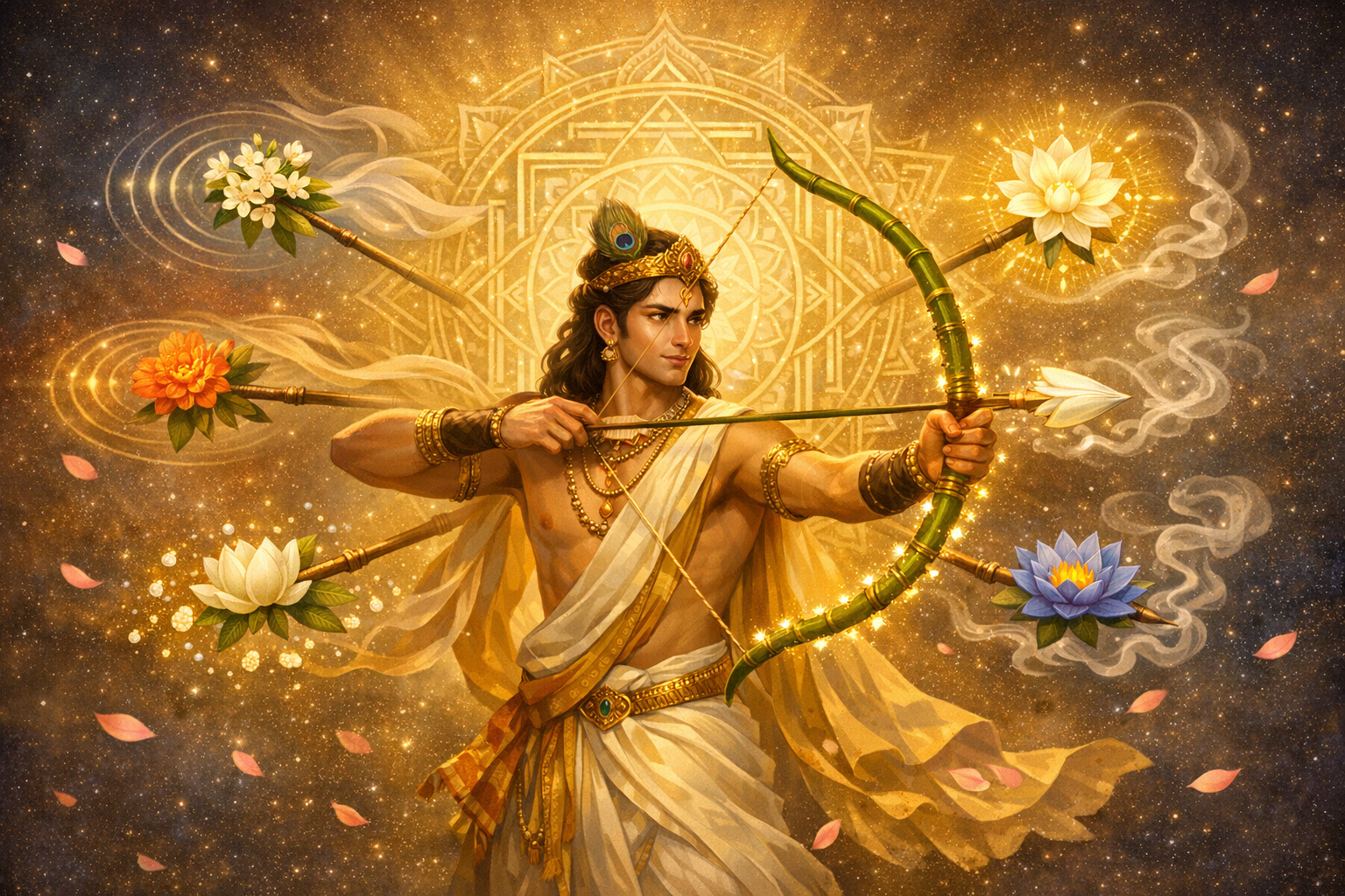 Celestial archer in white robes, inspired by Hindu mythology, aims a green bow before a radiant mandala; arrows tipped with jasmine, marigold, white and blue lotus spiral amid drifting petals.