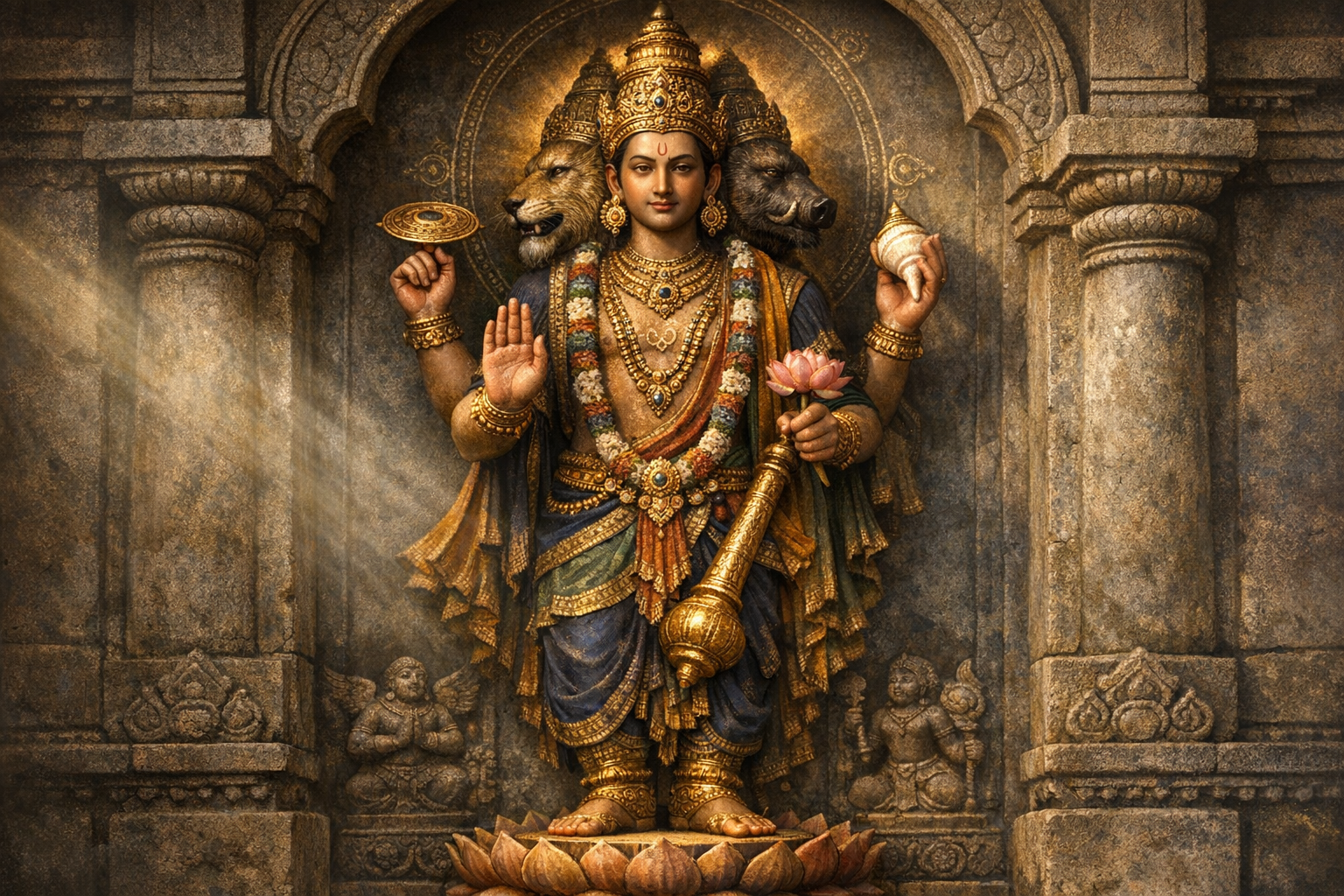 Intricate temple relief of multi-armed Vishnu, adorned in gold jewelry, holding chakra, conch, mace, and lotus, flanked by lion and boar heads behind his shoulders, standing on a lotus pedestal.