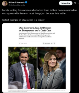 Screenshot of a tweet on racism above a link card titled 'Ohio Governor’s Race Set Between an Entrepreneur and a Covid Czar' with two portraits, a suited man and a woman in a blazer, Ohio primaries.