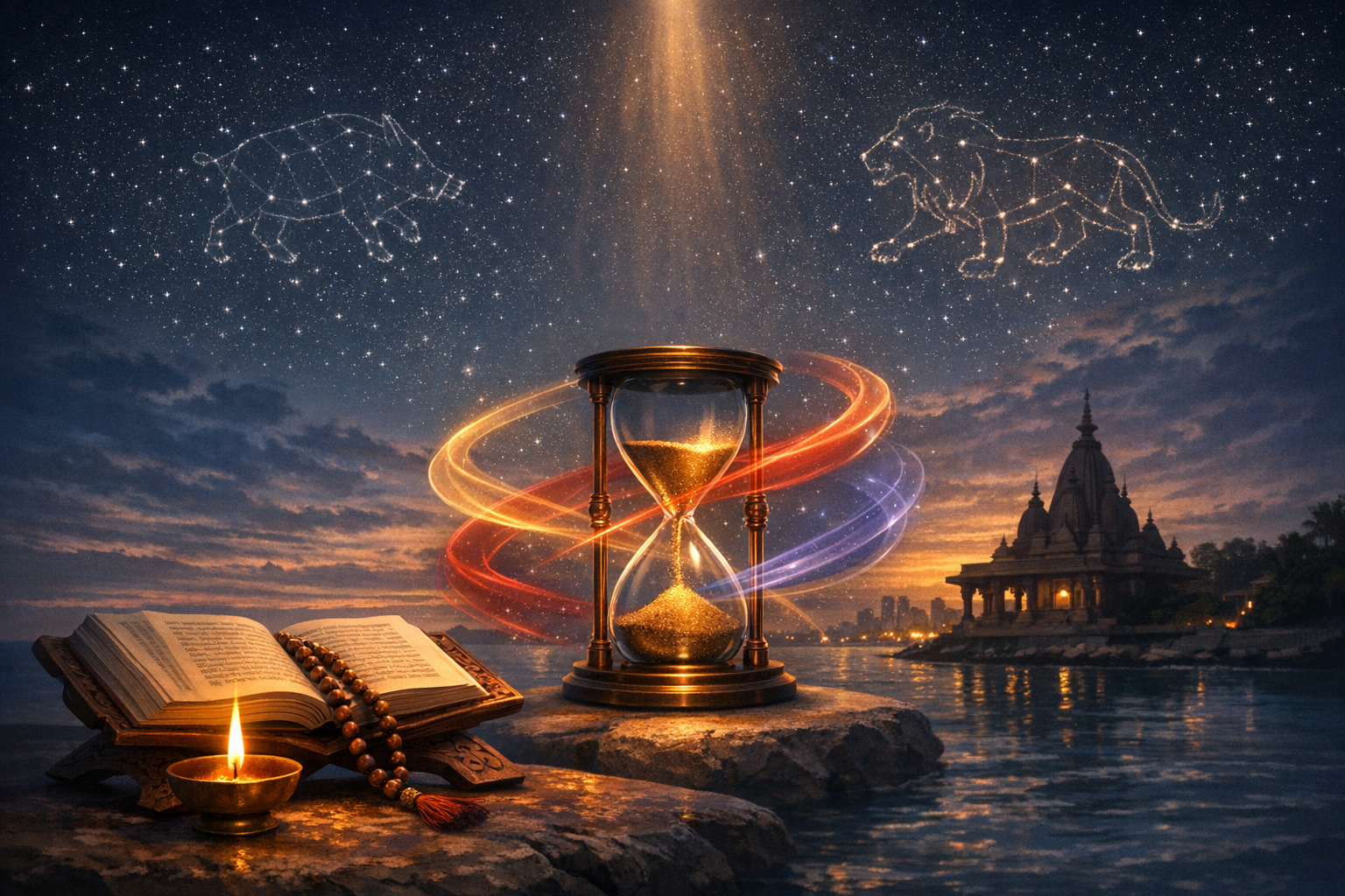 Hourglass wrapped in red and blue light on a rocky shore at dusk, beside an open sacred book, prayer beads, and a diya; overhead, boar and lion zodiac constellations gleam above a riverside temple.