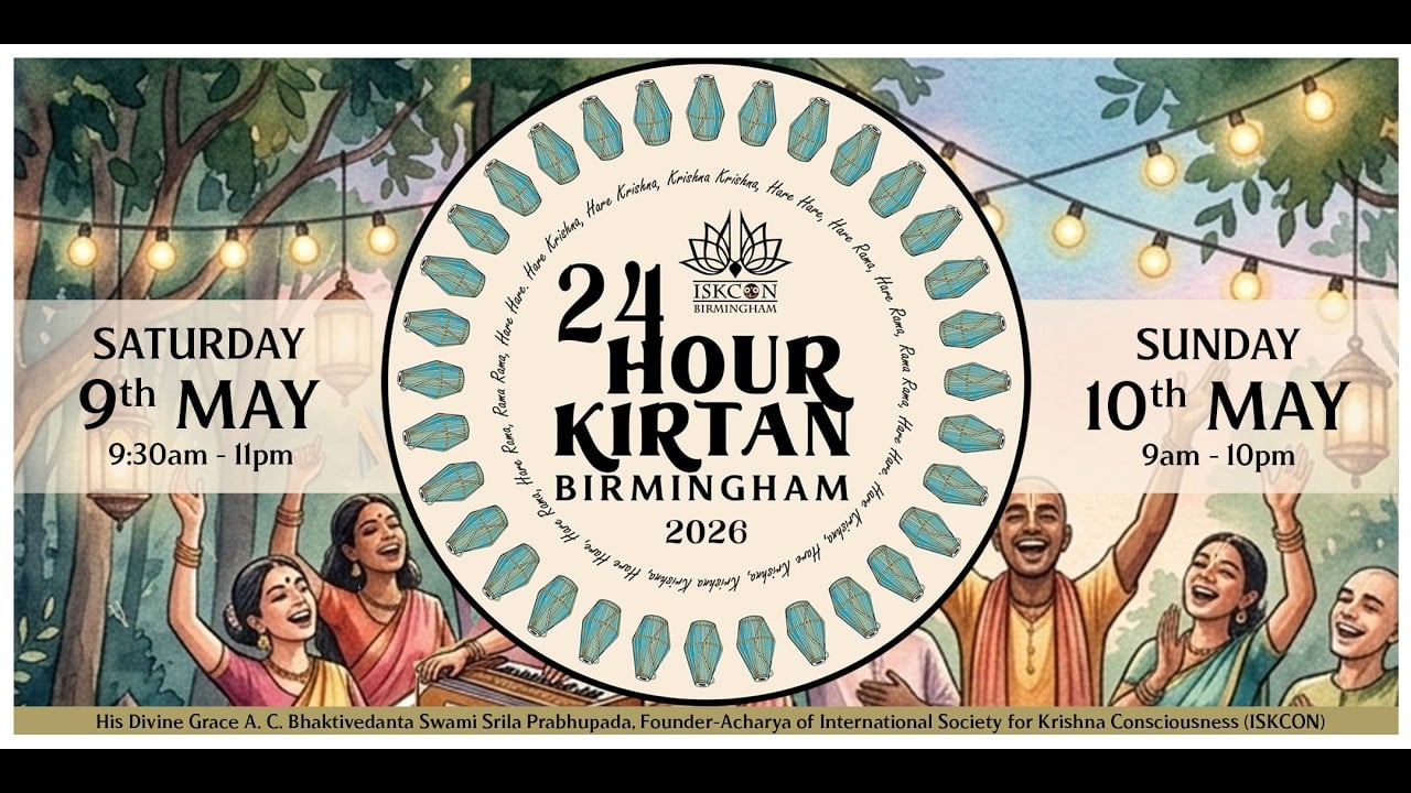 Illustrated poster for ISKCON Birmingham 24 Hour Kirtan 2026, showing a circular emblem ringed with blue mridanga drums and the Hare Krishna mantra; dates: Sat 9 May 9:30am–11pm, Sun 10 May 9am–10pm.