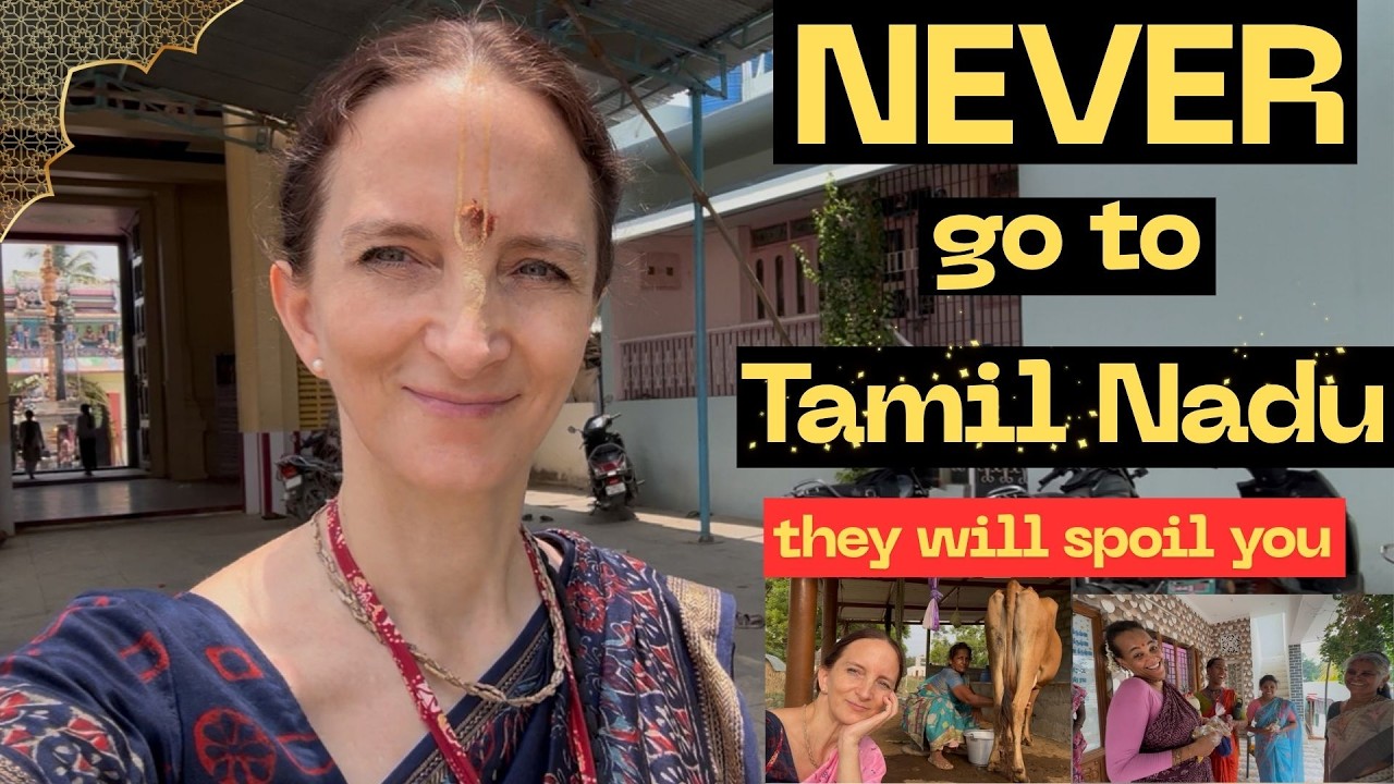 Smiling traveler in patterned traditional dress at a Tamil temple entrance. Overlay reads: 'NEVER go to Tamil Nadu — they will spoil you.' Bottom collage shows women, a cow, and warm moments; testing