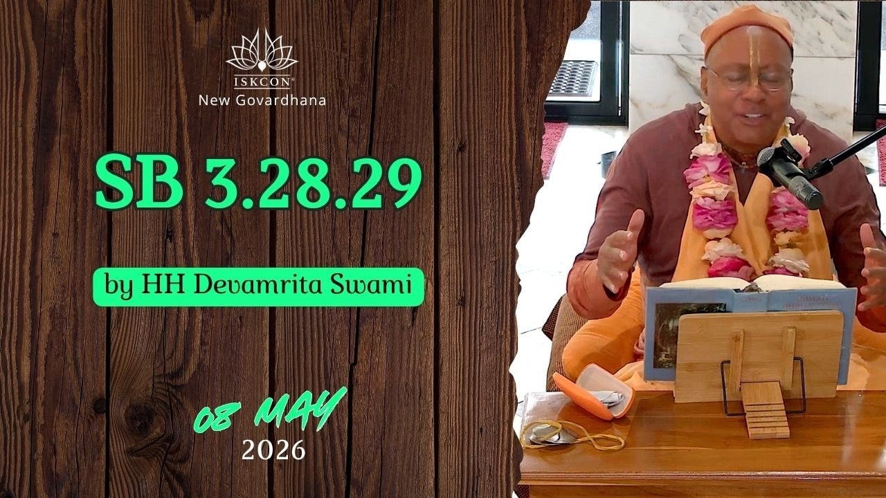 Lecture banner for SB 3.28.29 at ISKCON New Govardhana, dated 08 May 2026, beside a saffron-clad speaker with flower garland reading from scripture into a mic; event graphic for testing category.