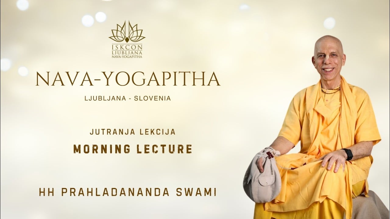 Poster for ISKCON Ljubljana morning lecture on Srimad Bhagavatam 1.13.50: soft beige background, saffron-robed monk seated at right. Text reads 'Nava-Yogapitha' and 'HH Prahladananda Swami'. testing