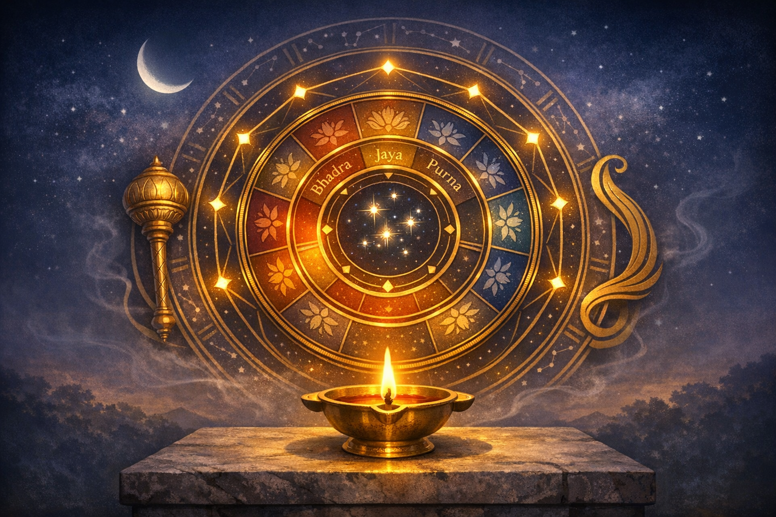 Golden Vedic astrology wheel labeled Bhadra, Jaya, Purna glows under a crescent moon, while a lit brass diya on a stone altar casts warm light; stars and lotuses suggest muhurta and Panchang timing.