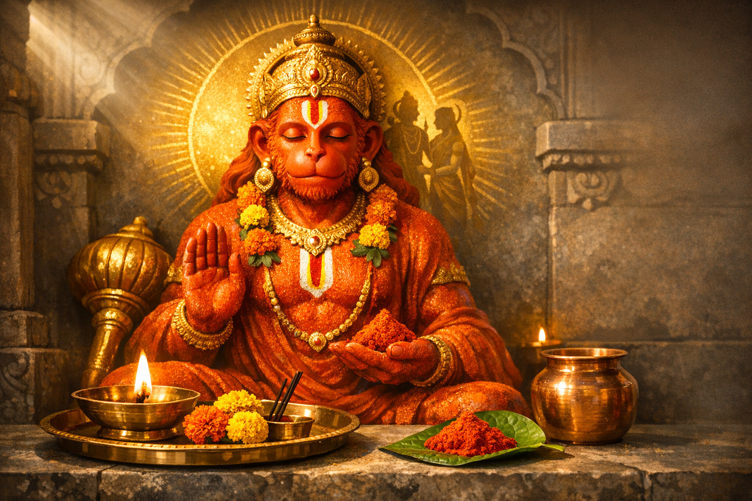 Hanuman idol in a stone temple, crowned and garlanded with marigolds, offering a blessing beside a brass aarti tray, oil lamp, incense, copper kalash, and sindoor on a betel leaf under warm rays.
