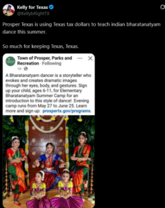Screenshot of a Texas political account objecting to a town-funded Bharatanatyam class; an embedded Parks & Recreation flyer shows dancers in traditional costume on a temple set. Hinduphobia, racism.