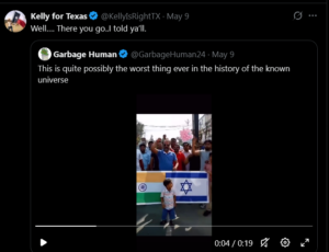 Screenshot of a social post by a Texas political account quoting a 19-sec video: a child stands before Indian and Israeli flags at a street gathering; standard playback bar and icons shown.
