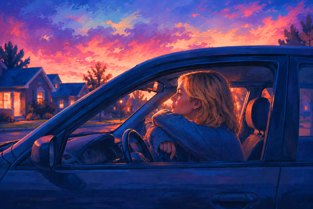 Illustration for a blog on change: a person sits in a parked car at dusk, gazing at a glowing suburban street, looking stuck and unhappy, weighing the risk to leave.