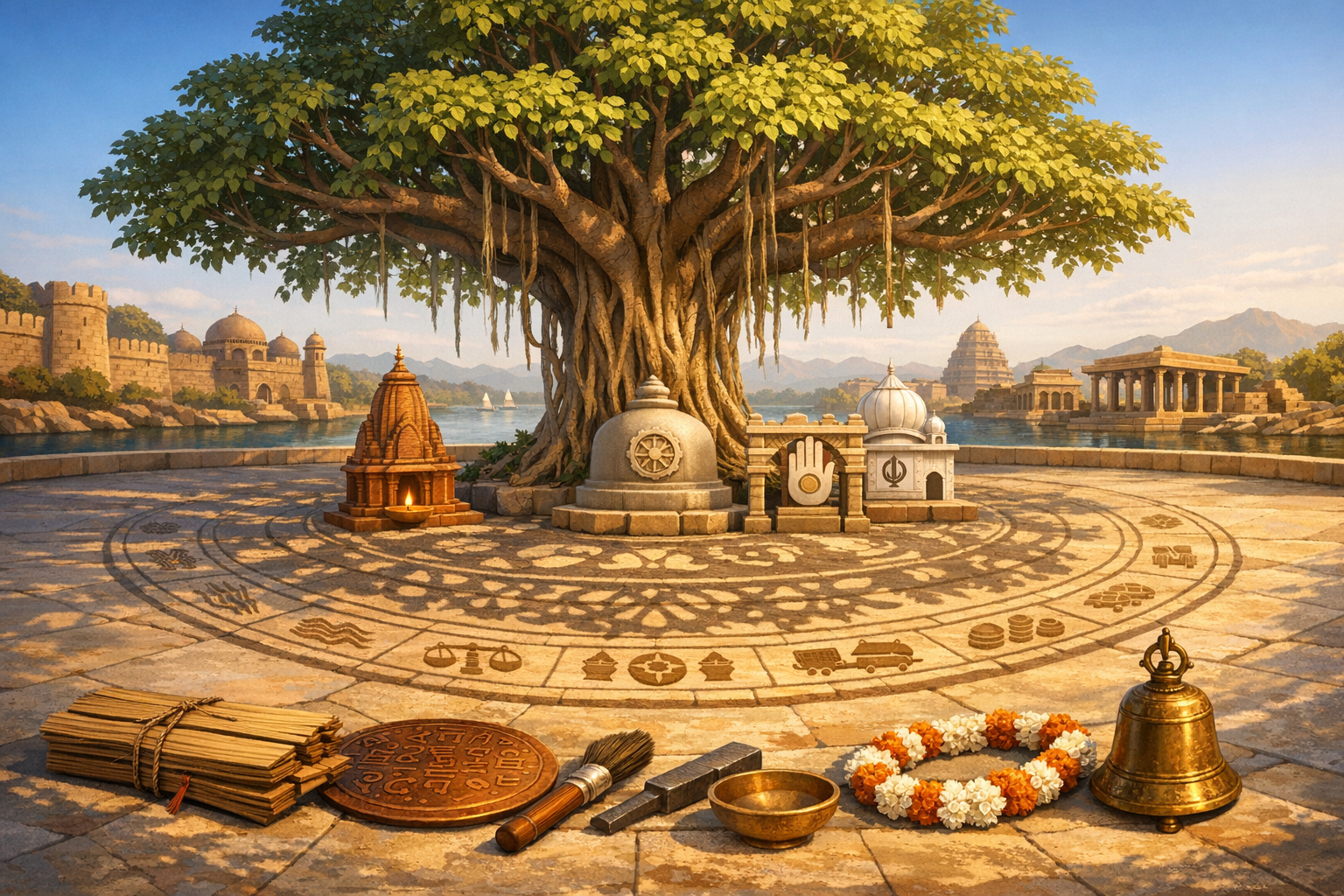 Sacred banyan by a riverside port with Hindu, Buddhist, Jain, and Sikh shrines. Stone plaza shows trade symbols; tools, coins, palm-leaf texts, garland, and bell evoke Indian history and economy.