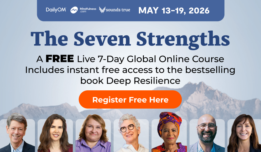 Graphic for The Seven Strengths, a FREE live 7‑day global online course, May 13–19, 2026. Includes access to the book Deep Resilience, a Register Free Here button, and portraits of seven presenters.
