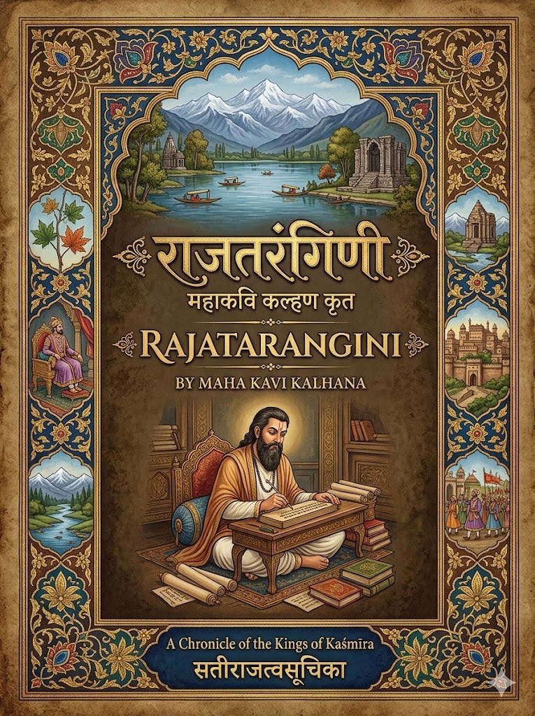 Ornate book-style artwork titled Rajatarangini: a scholar at a low desk amid Kashmiri mountains, a lake with shikara boats, temples, and floral borders; cover text credits Maha Kavi Kalhana.