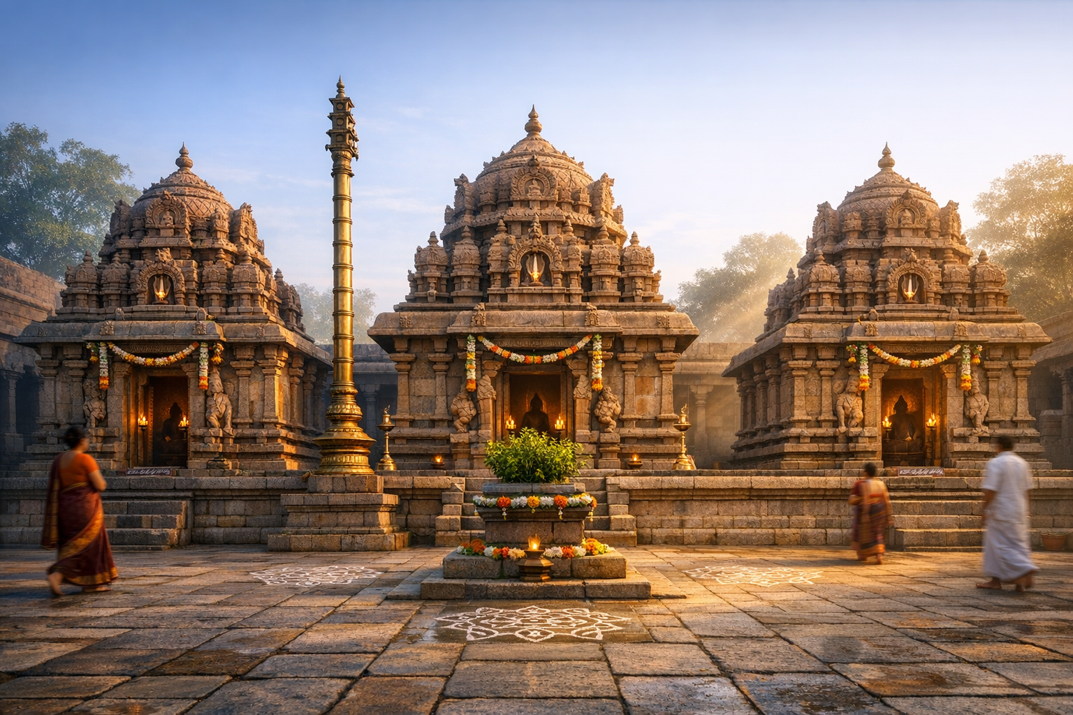 Sunlit Indian temple courtyard with three stone shrines, a brass dhwaja stambha, garlands, rangoli, and oil lamps, as devotees walk past; travel, culture, and Dravidian architecture.