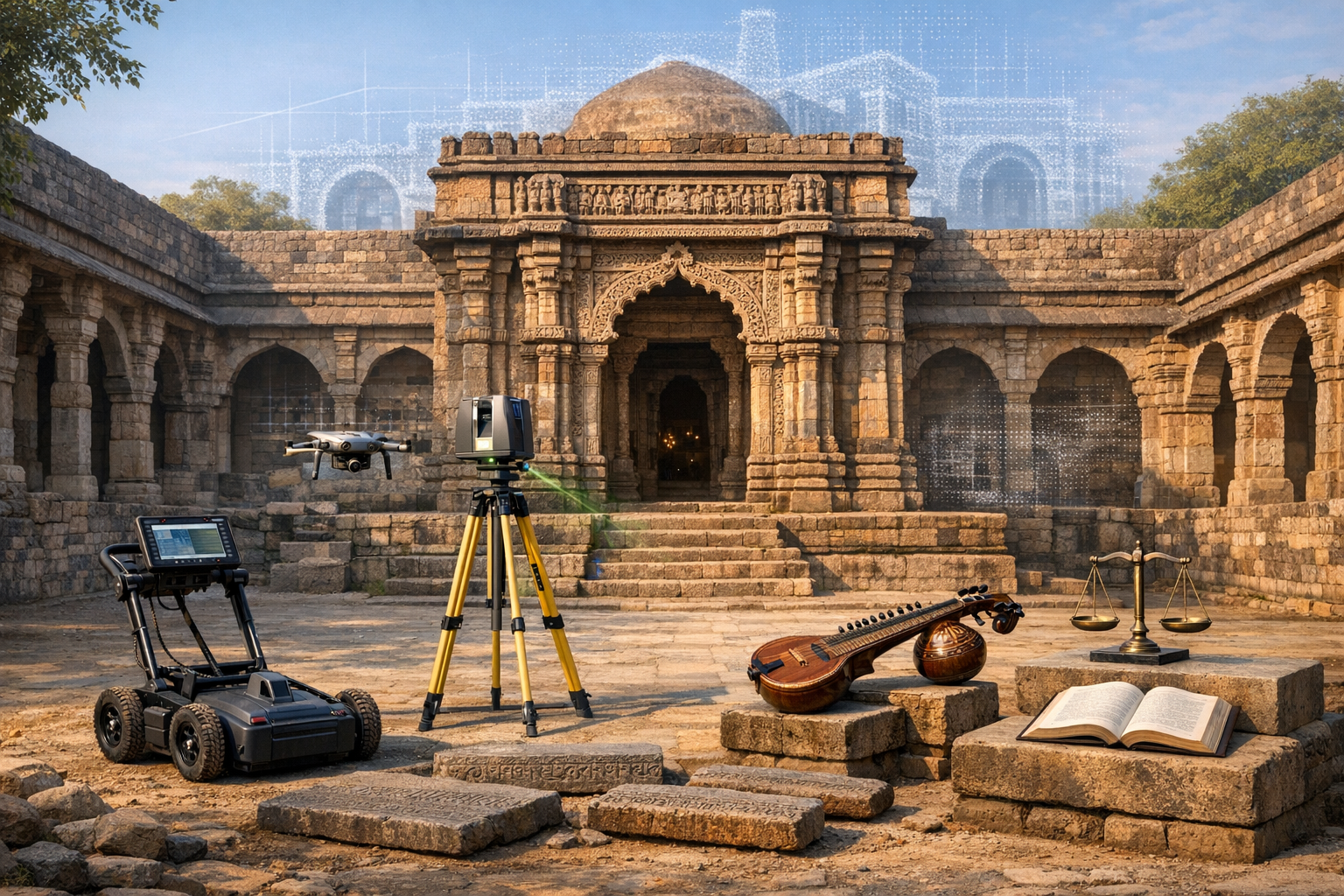 Drone, tripod 3D laser scanner, and ground‑penetrating radar map an ancient stone temple courtyard, as a stringed instrument, brass scales, and an open book rest below a subtle digital twin overlay.