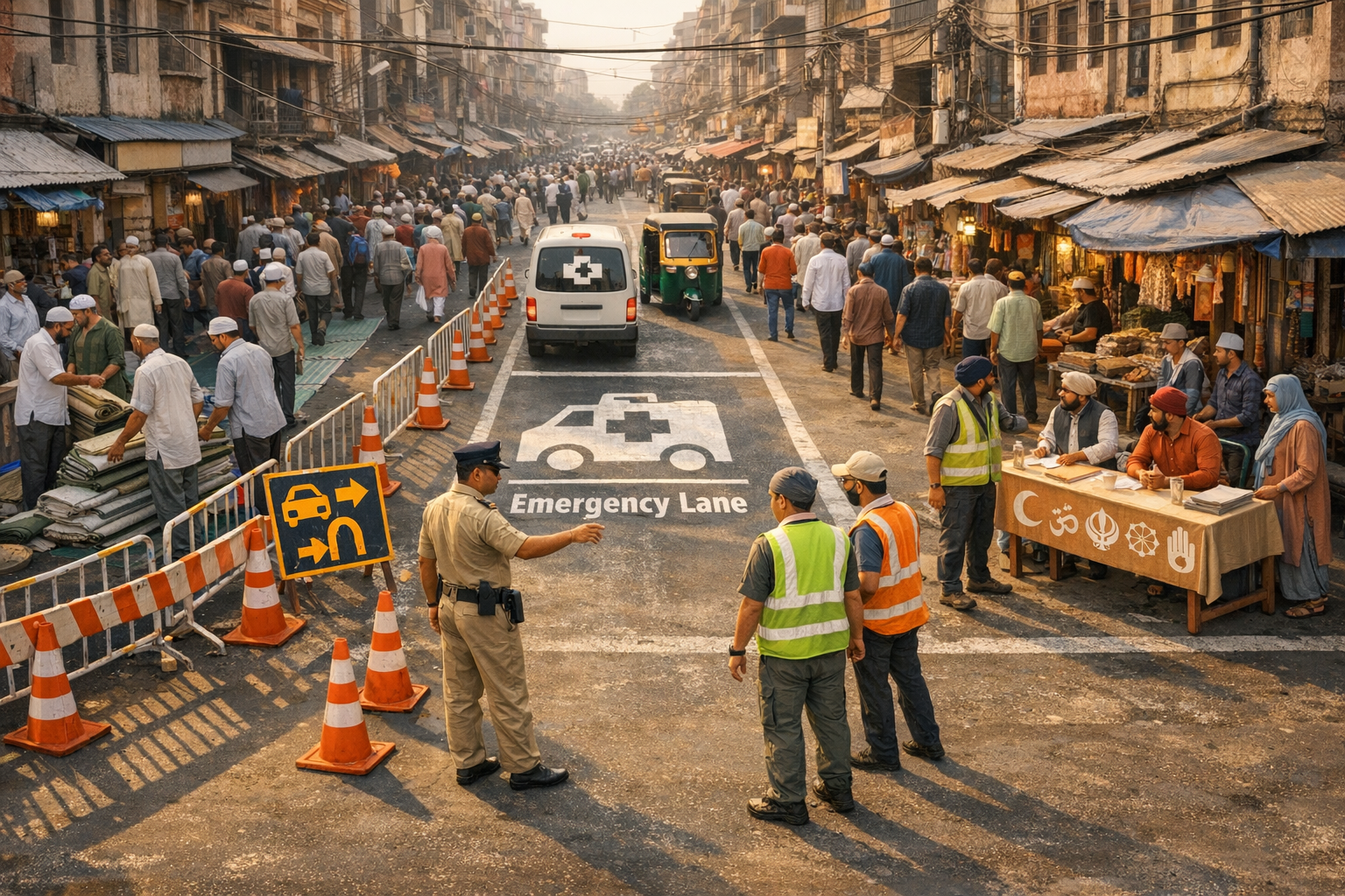 Busy market street with a clearly marked emergency lane; cones, police and workers manage traffic as an ambulance and auto-rickshaw pass, while volunteers at an interfaith desk support public safety.
