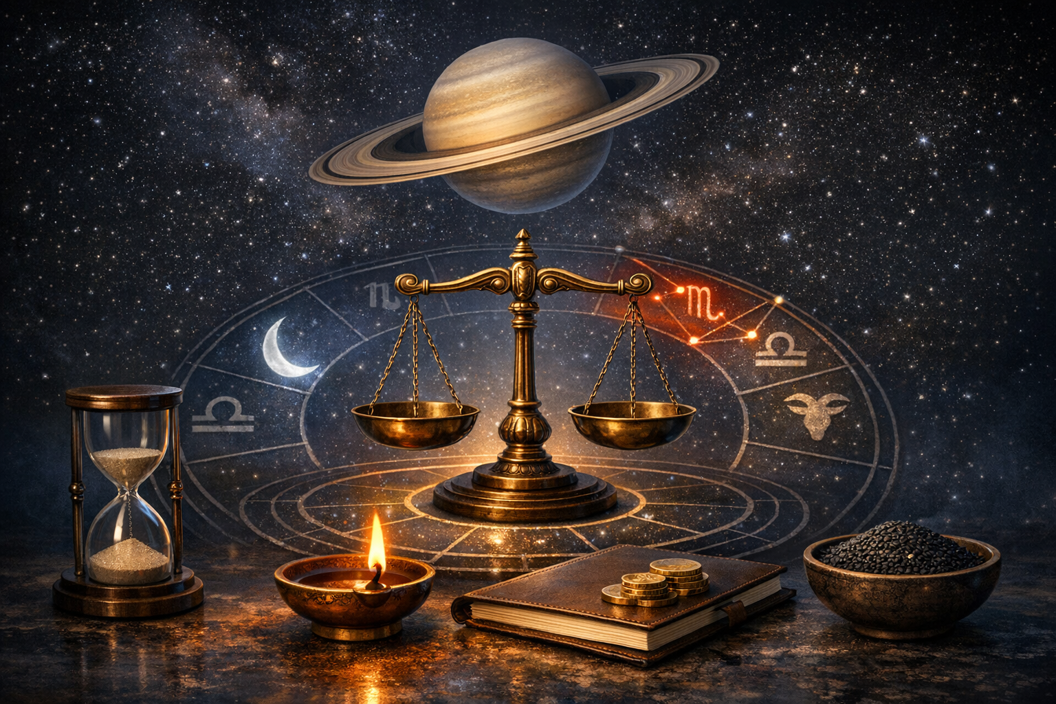 Astrology still life with golden balance scales before a zodiac wheel; Saturn above, crescent moon, Libra and Scorpio glyphs, hourglass, coins, and a bowl of black seeds on a starry background.
