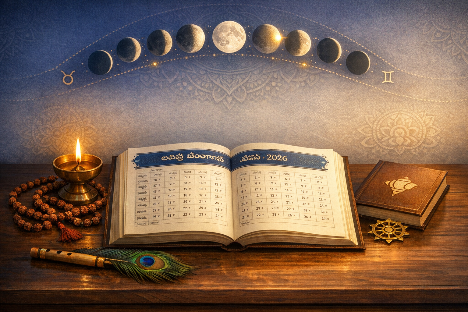 Open Hindu panchang for 2026 on a wooden desk, with brass diya, rudraksha mala, peacock feather and sacred texts; above, moon phases arc between Taurus and Gemini zodiac signs on a mandala backdrop.