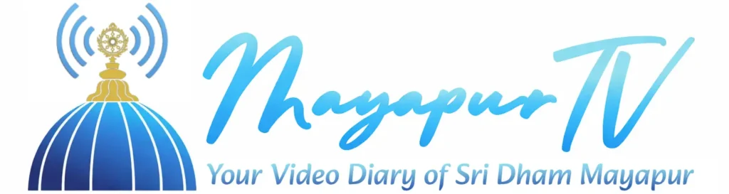 Mayapur TV logo showing a blue domed roof with a golden kalash and chakra, radio waves above, and gradient text reading Mayapur TV, Your Video Diary of Sri Dham Mayapur; testing graphic on white.