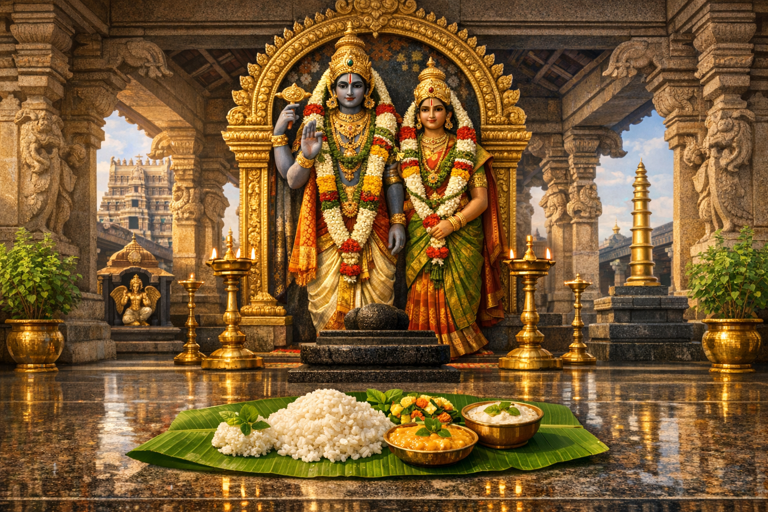 Shrine of Lord Vishnu and Goddess Lakshmi in a South Indian Hindu temple, garlanded and flanked by lamps, with a banana leaf prasadam offering of steamed rice, dal, and curd rice before the deities.