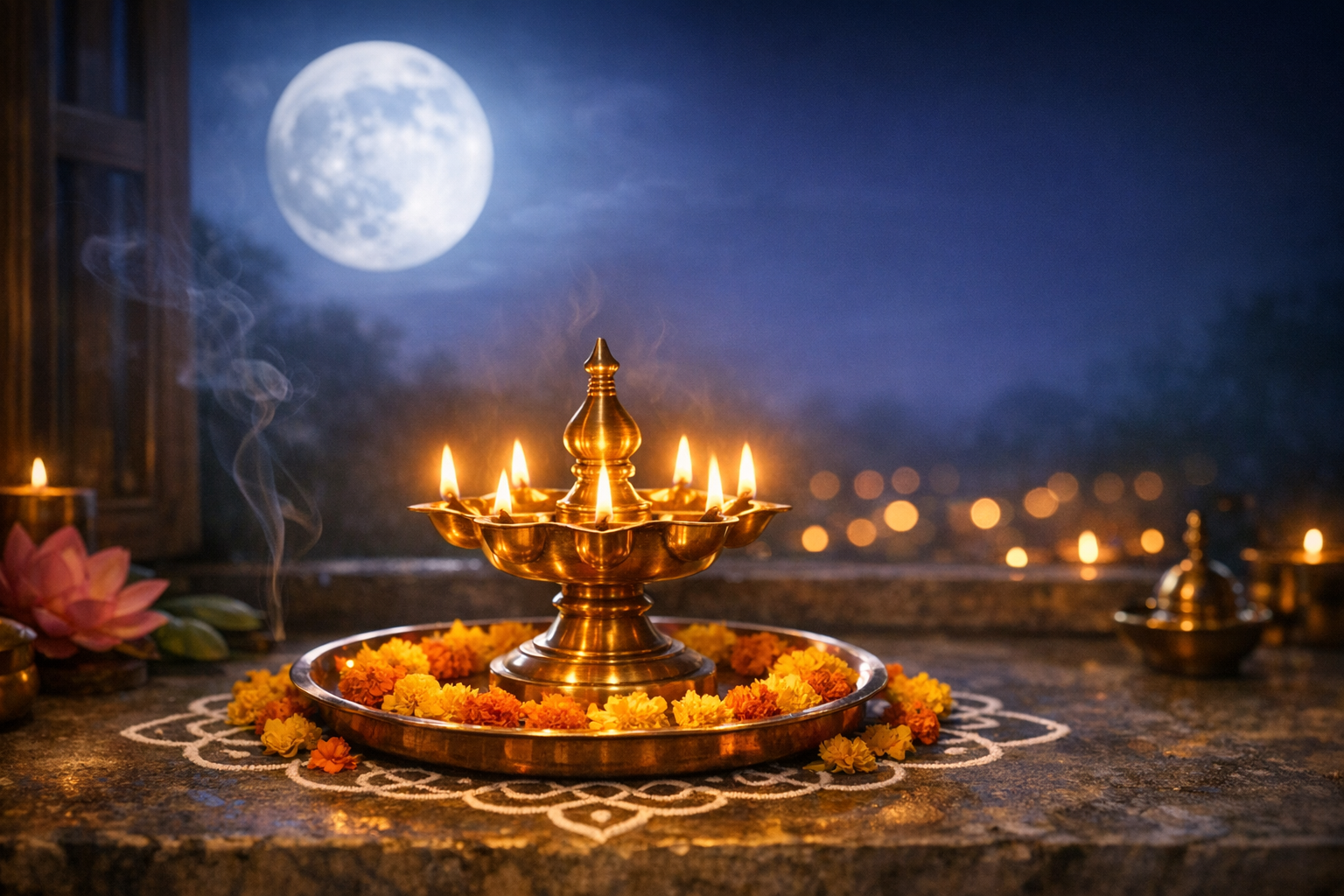 Brass Diwali deepam with multiple oil flames on a rangoli-decorated stone ledge, ringed by orange and yellow marigolds; incense smoke rises as a bright full moon casts a serene glow over the night.