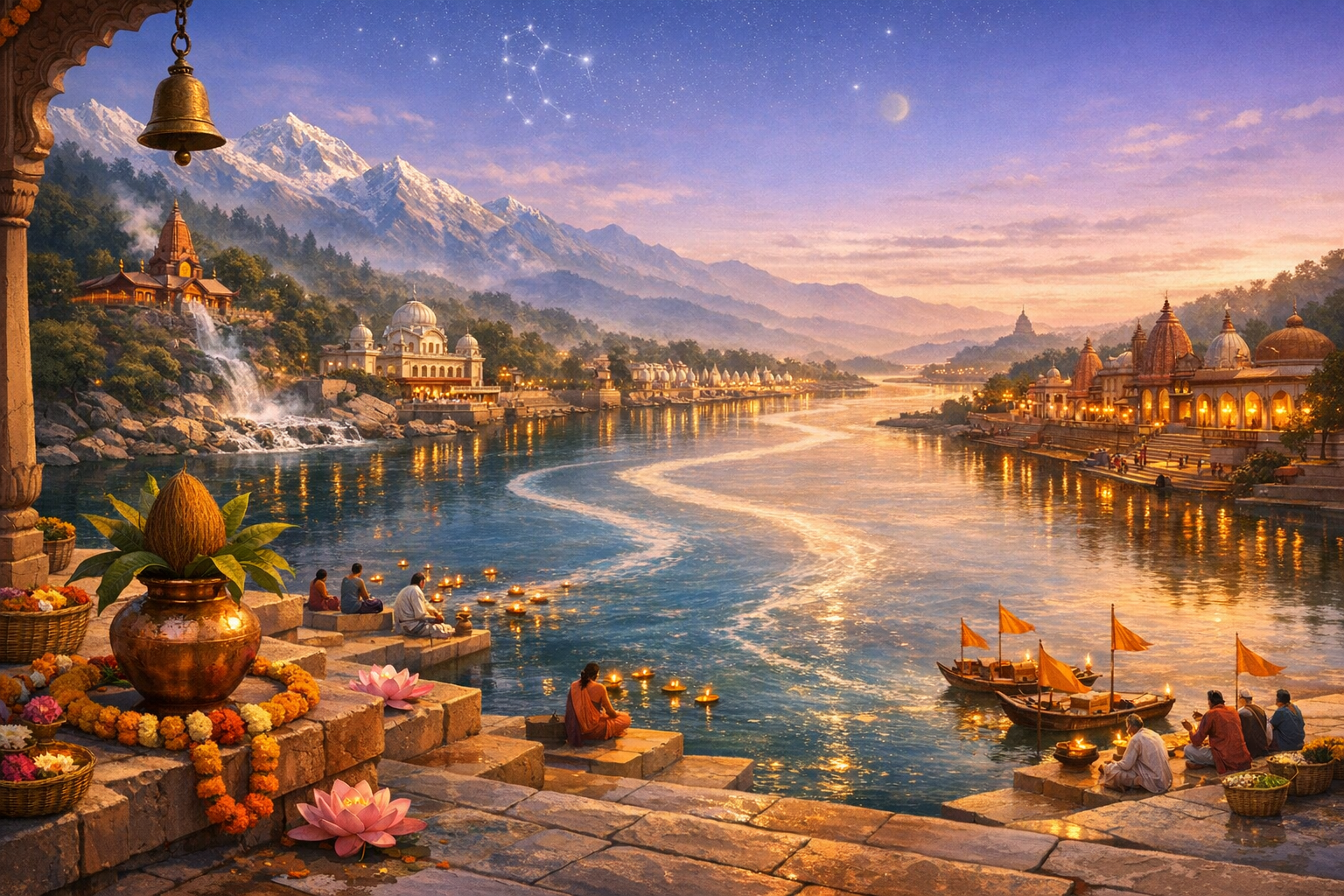 Twilight riverfront with domed temples, stone ghats, floating diyas and boats, snow-capped mountains; people line the steps, lighting lotus and marigold offerings beside the glowing water.