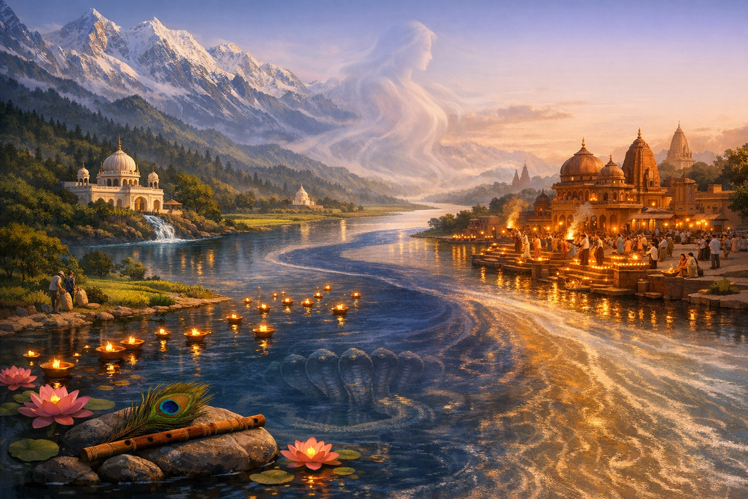 At sunset, a river beside domed temples and ghats glows with floating diyas; lotus blooms drift near a flute and peacock feather, snow peaks rise beyond, and a goddess-shaped cloud above the water.