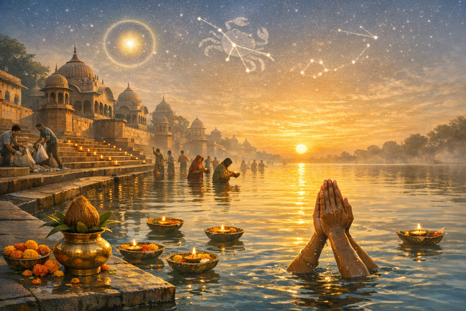 Sunrise at Indian river ghats where devotees bathe and release floating diyas; marigolds and a brass kalash line the steps, domed temples rise behind, as zodiac constellations glow across the sky.