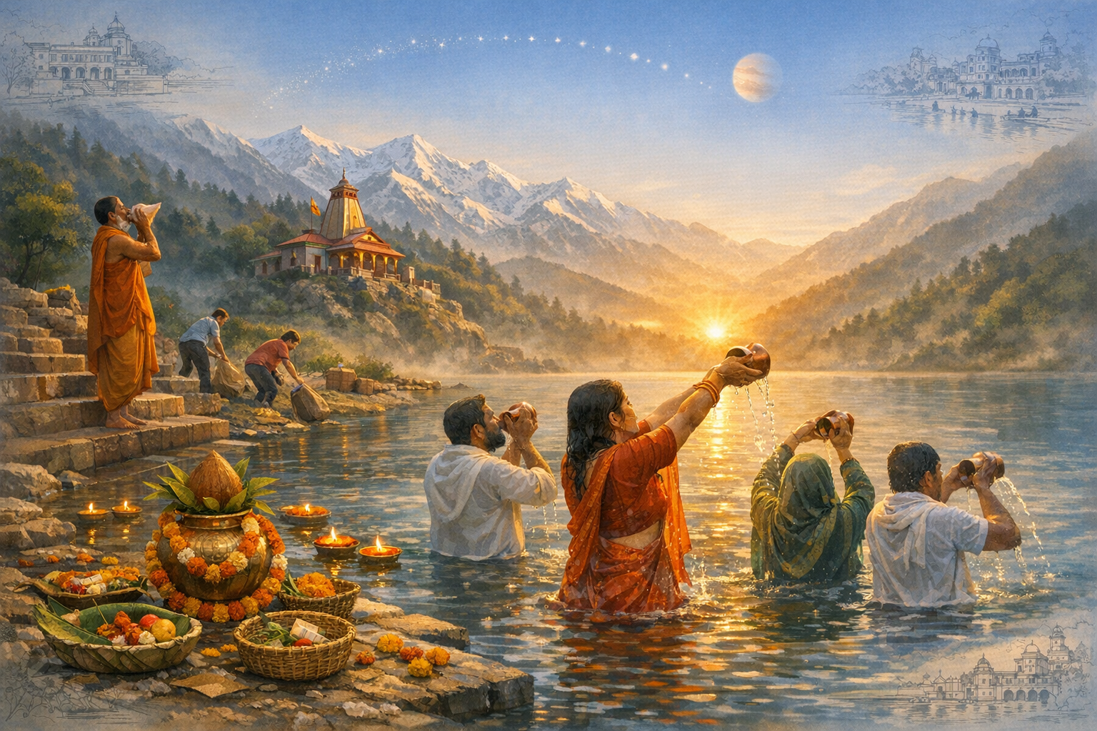 At dawn by a mountain river, people stand waist-deep offering water from copper vessels. Marigolds, fruit, and floating diyas line stone ghats; a hilltop temple watches, with a starry arc above.