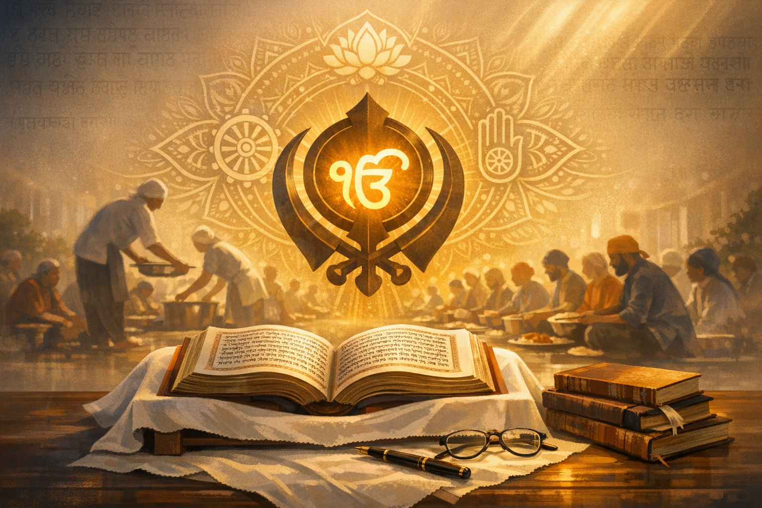 Open Sikh scripture on a white-draped stand before a glowing Khanda with Ik Onkar; behind, volunteers serve langar in a gurdwara hall. Warm light, books, glasses, and a pen frame the scene.