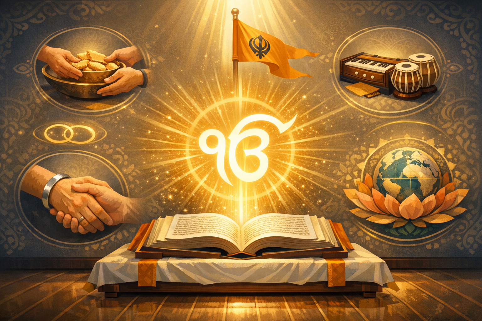 Open Guru Granth Sahib under a radiant Ik Onkar, with symbols of the Nishan Sahib flag, langar sharing, kirtan instruments, Anand Karaj handshake, and a lotus-held globe, reflecting Sikhism and seva.