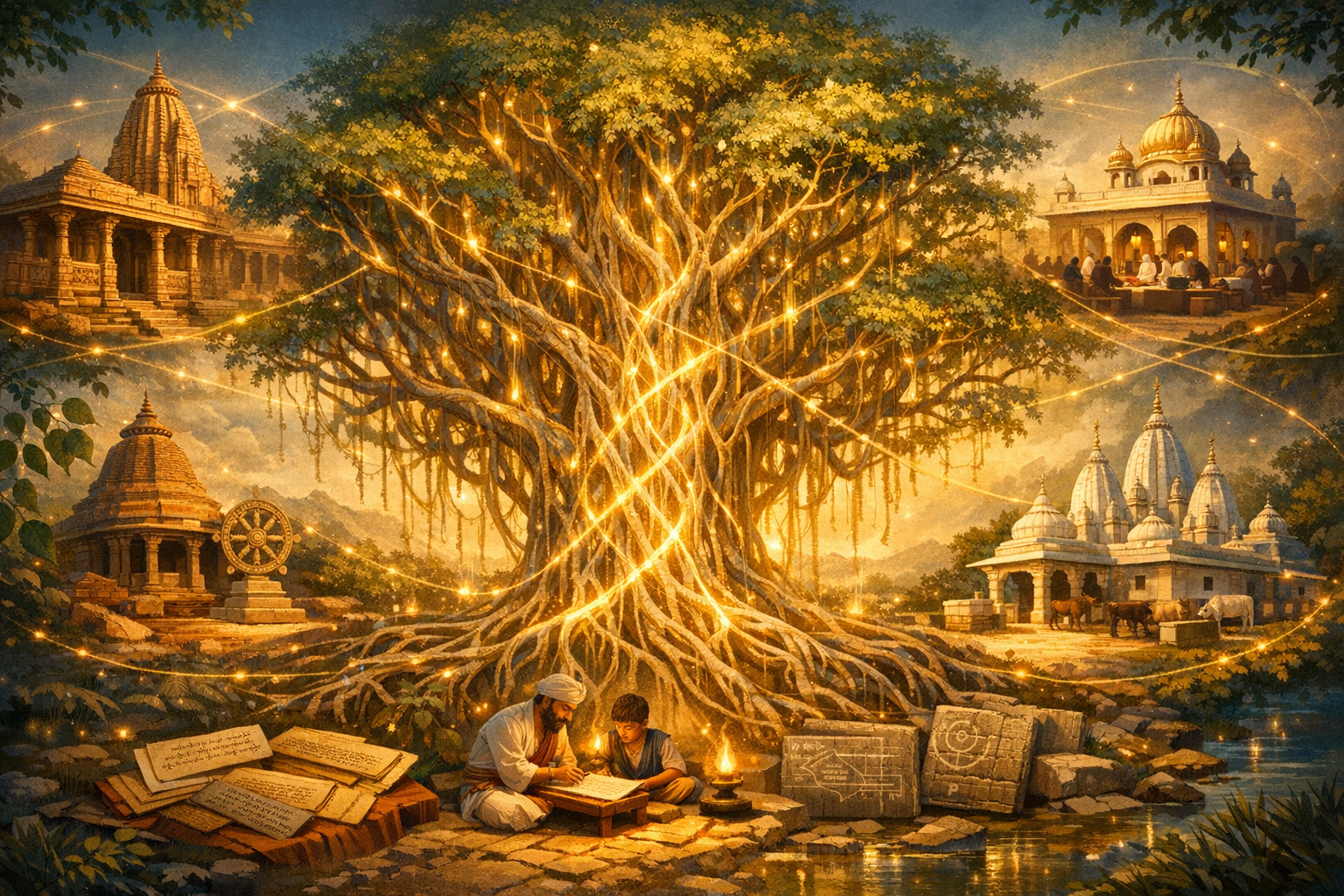 Illustrated banyan tree glowing with golden threads, linking ancient South Asian temples, a teacher and student reading by an oil lamp, loose manuscripts and carved diagrams beside a quiet stream.