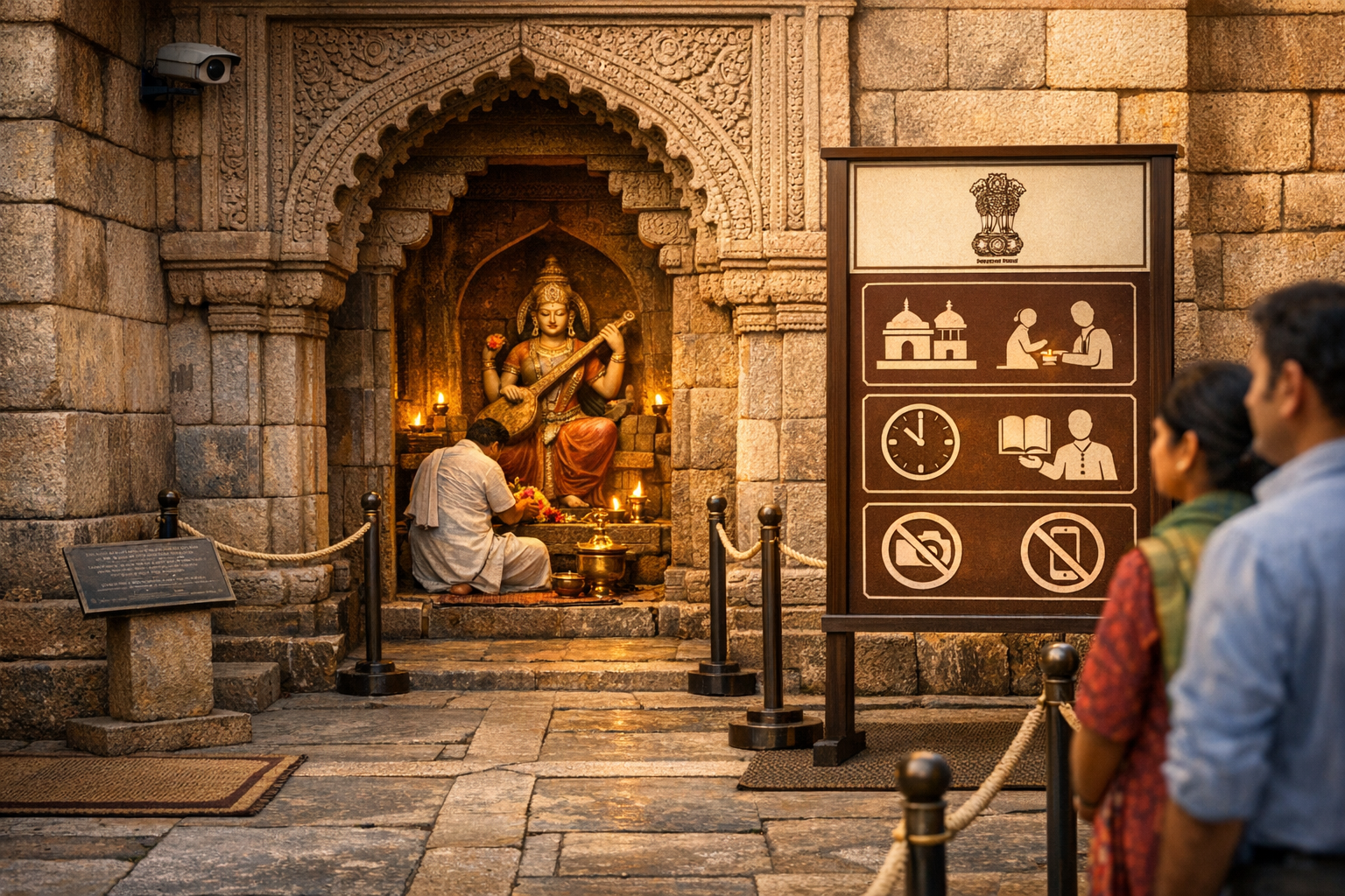 Devotee performs puja before a stone-carved goddess in a historic Indian temple, with brass lamps and a rule board showing hours, silence, and no-phone etiquette; ideal for culture, heritage travel.