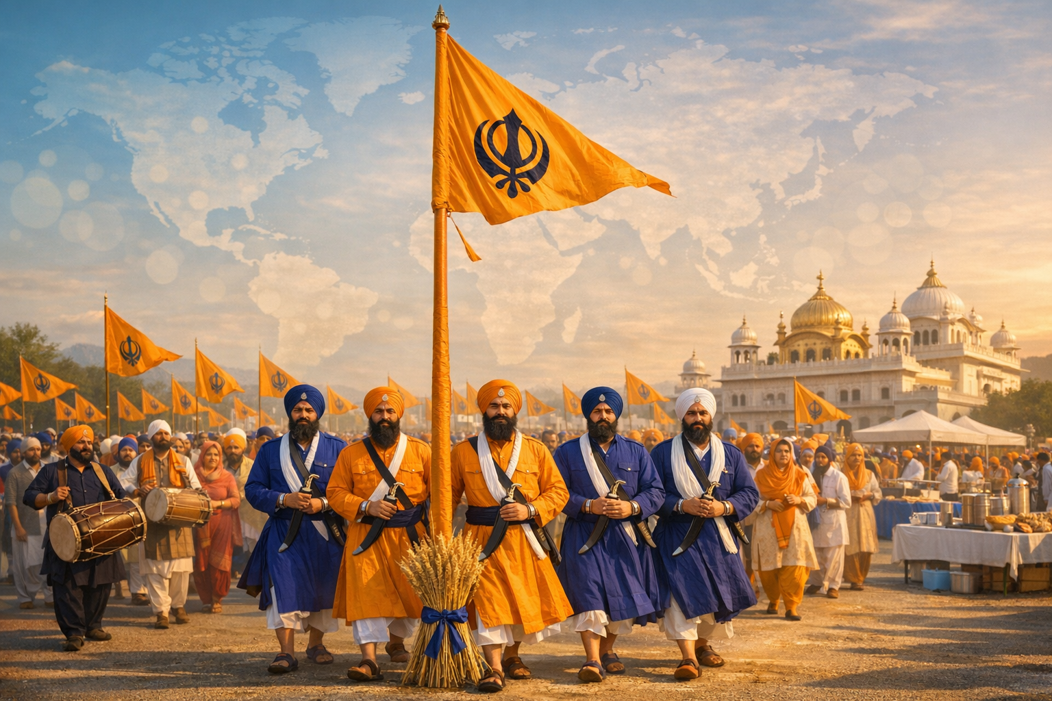 Parade carrying saffron flags with the Khanda emblem outside a white-domed gurdwara at sunset. Robed participants lead a central flagstaff as dhol drummers play beside food and community stalls.