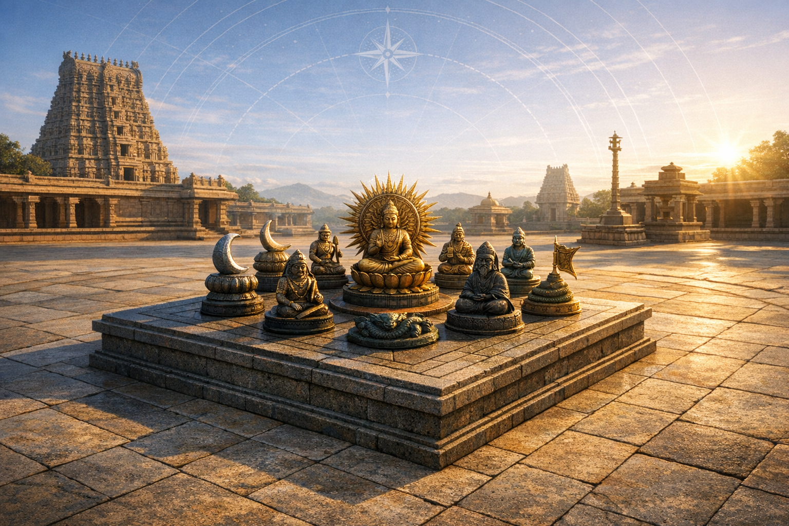 Sunlit South Indian temple courtyard with a central Navagraha-style altar: a sun-halo deity at the center, flanked by planetary figures and crescent moons, framed by stone gopuram towers at dawn.