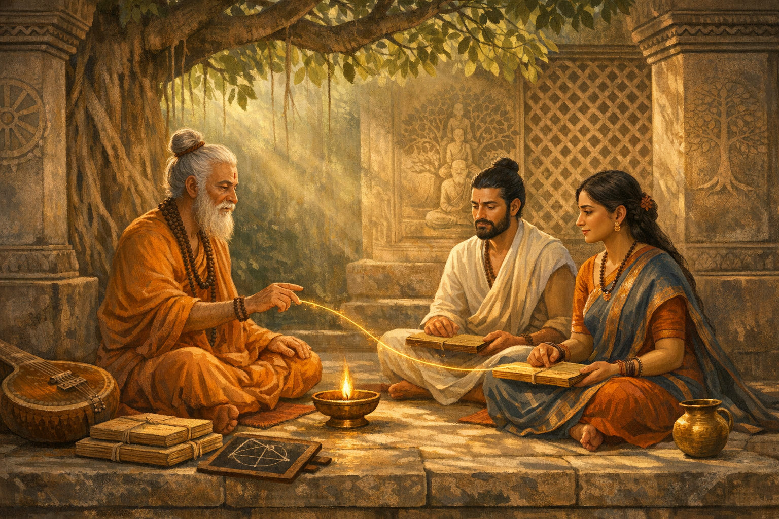 Painting of an elderly guru teaching a man and a woman under a banyan, with palm-leaf manuscripts, a brass lamp, veena, and a slate; illustrating ancient India and the guru-shishya tradition.