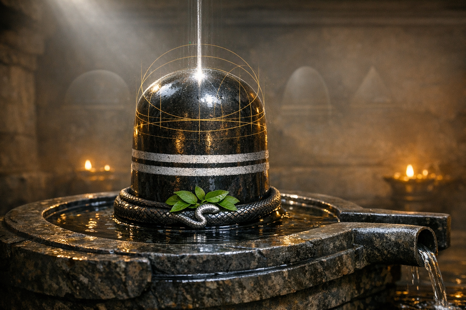 Granite Shiva lingam in a dim temple sanctum, bathed by a fine abhishekam stream; a coiled metal Naga and fresh bilva leaves sit at the base as oil lamps glow and water exits the yoni spout.
