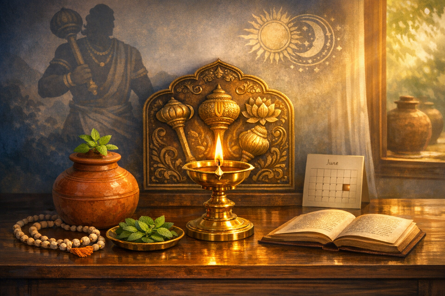 Brass diya burns on a wooden altar with tulsi leaves, terracotta pot, mala beads, and an open scripture; carved lotus and maces, sun–moon motifs, and a June calendar evoke Ayurveda ritual.