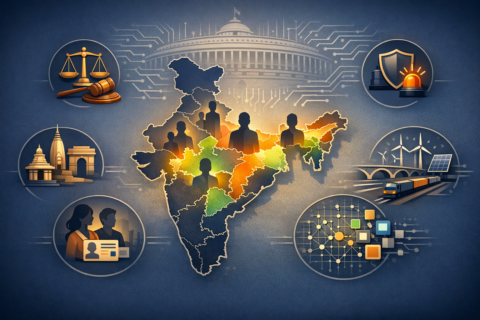Stylized map of India with state borders and citizen silhouettes, surrounded by icons for justice, security, identity, culture, infrastructure, energy, transport, and data networks under a Parliament dome.