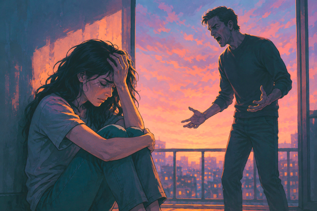 Illustration of a distressed woman on a balcony at sunset as a man stands nearby, shouting and gesturing - a depiction of emotional abuse, gaslighting, and a toxic relationship eroding self-trust.