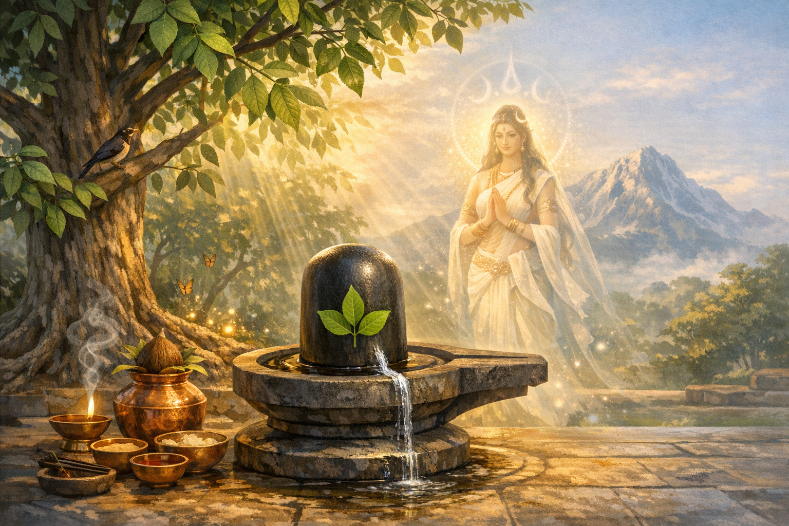 Sunlit Shiva lingam with water flowing over bilva leaves, beside copper bowls, incense, and a diya under a large leafy tree, as a radiant goddess figure appears in misty light before distant mountain peaks.
