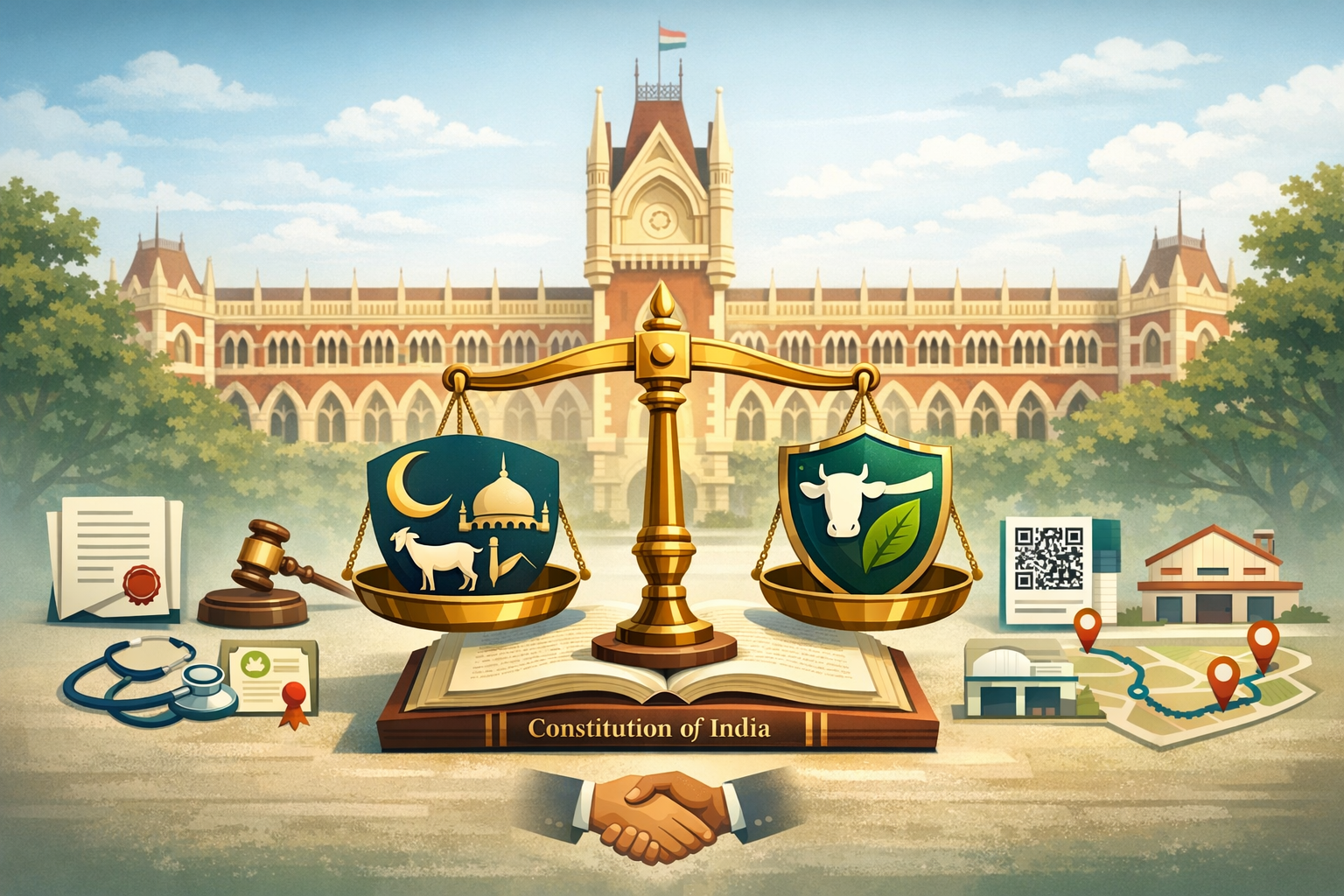 Indian High Court facade with scales over the Constitution of India, balancing religious freedom and cow protection; nearby are a gavel, permits, QR code, map pins and public buildings.