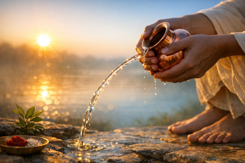 Hands pour water from a copper pot onto stones by a river at sunrise, the stream arcing toward the shore. Bare feet and a small brass dish with rice, red paste, and leaves complete a tranquil mindfulness ritual scene.