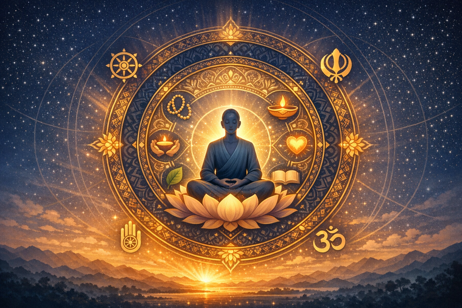 Serene meditator on a lotus inside a glowing mandala, ringed by symbols: Om, dharma wheel, diya, heart, khanda, Jain hand, beads, and book, above a sunrise landscape; meditation, spirituality.
