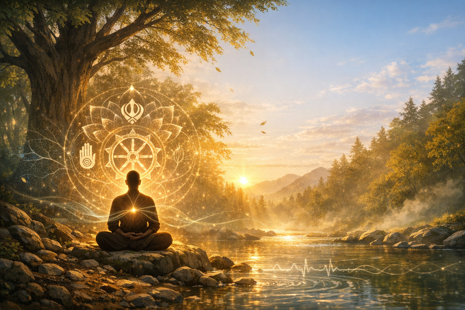 Person meditating by a tranquil forest river at sunrise, seated on rocks beneath a broad tree, as a glowing golden mandala of sacred geometry (wheel, lotus, hand) radiates outward from the chest.