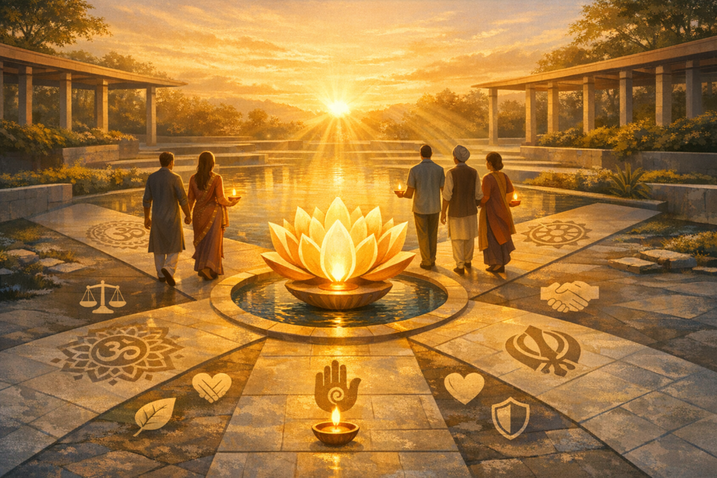 Sunrise over a reflecting pool where five people carry oil lamps toward a glowing lotus fountain; mosaic icons—Om, dharma wheel, hamsa, scales, and handshake—symbolize interfaith unity and peace.