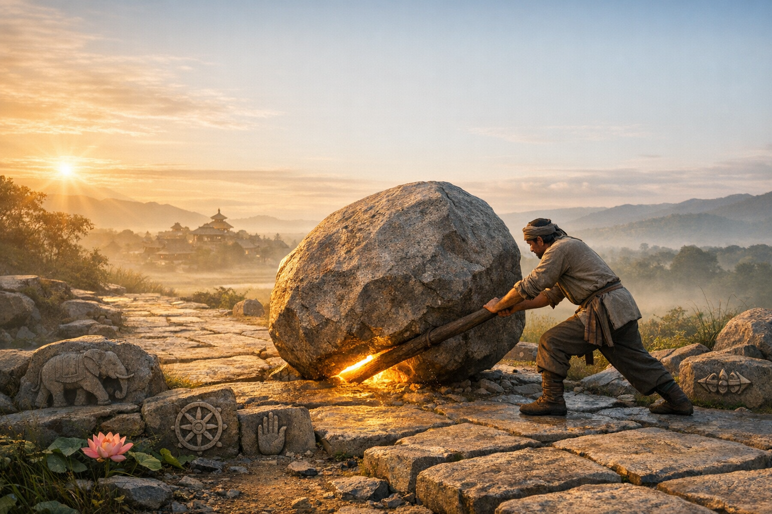 Sunrise scene of a man using a wooden lever against a glowing fulcrum to shift a huge boulder on an ancient stone path, with carved elephant, dharma wheel, and lotus near a valley and distant temple.