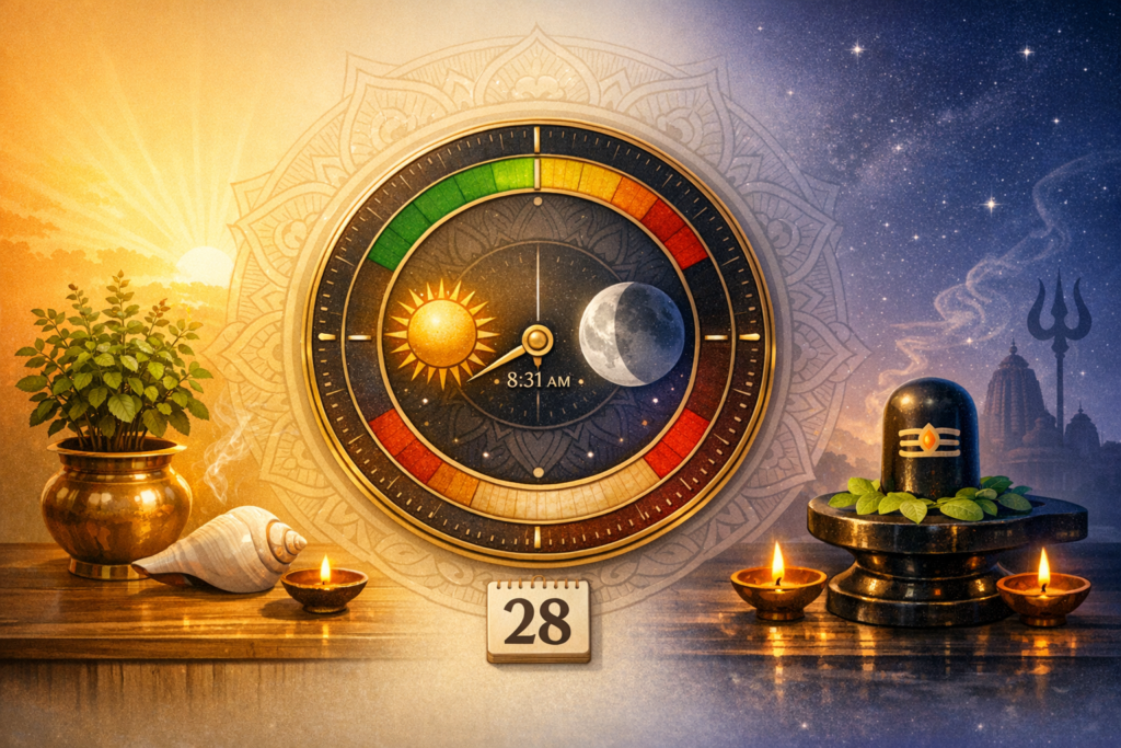 Illustration of a Hindu panchang clock at 8:31 AM with sun and moon, date 28; left side shows Tulsi in brass pot, conch and diya, right side a Shiva lingam with bilva leaves, diyas, trishul, temple.