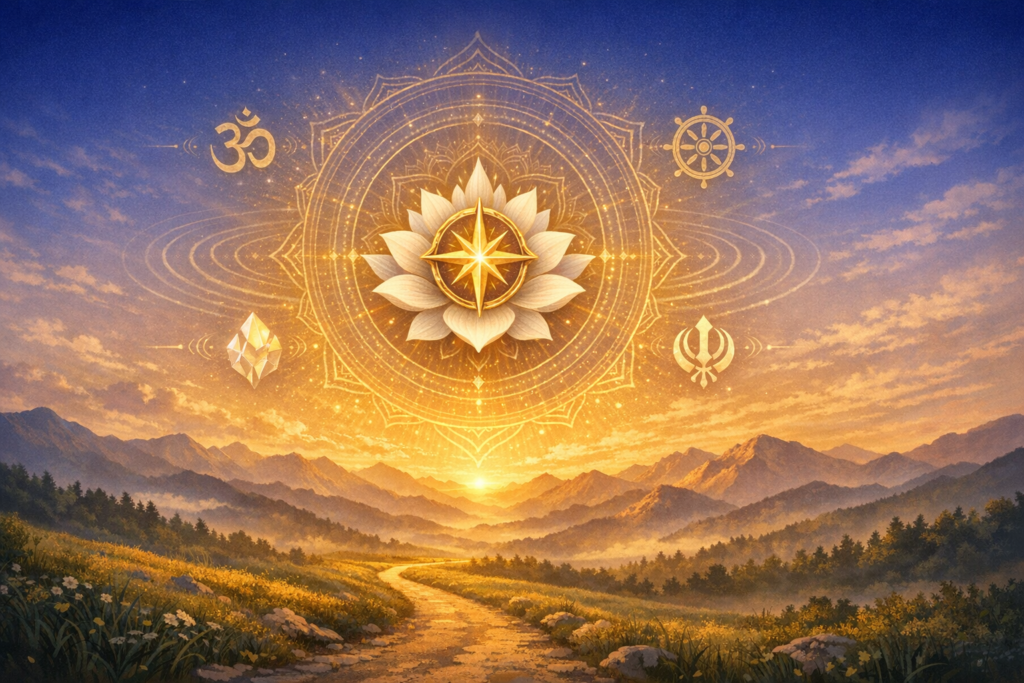 Sunrise over a mountain valley with a winding path, beneath a glowing lotus mandala and star. Surrounding glyphs suggest Om, a Dharma wheel, a Khanda, and a crystal, evoking diverse spiritual paths.